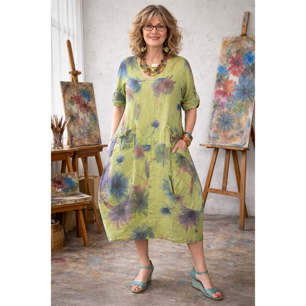 Green 100% Italian Linen Watercolor Floral Lagenlook Hobo Grunch Dress 0S Bubble